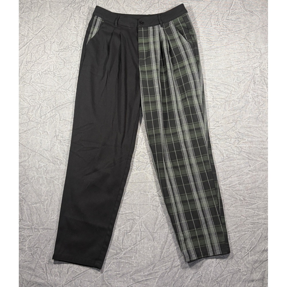 Disturbia Pants Womens 8 Black Green Plaid Split Leg Pleated Goth Trousers